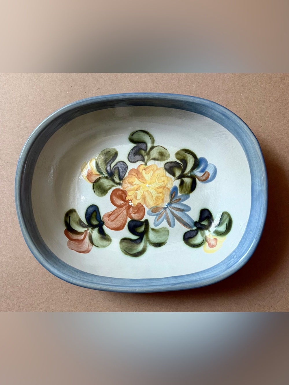 1997 Louisville Stoneware Country Flower Blue Oval Serving Bowl 9.5”x7.5”x2.5”